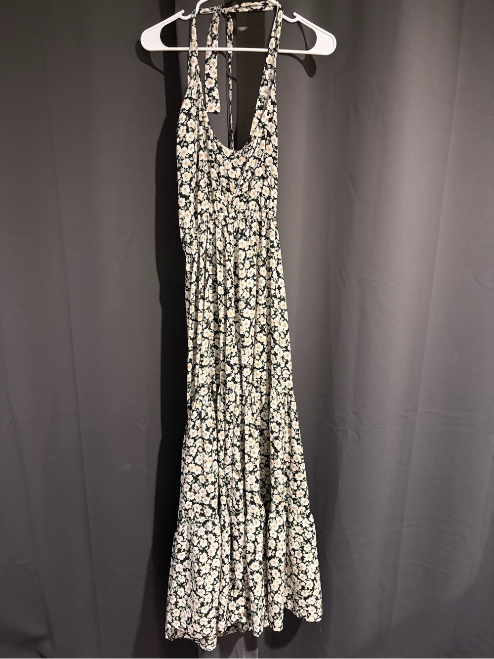 Floral One-Shoulder Tie Maxi Dress in Black & White